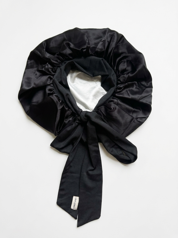 XL Organic Silk Hair Bonnet Onyx Black (Pearl White Interior)