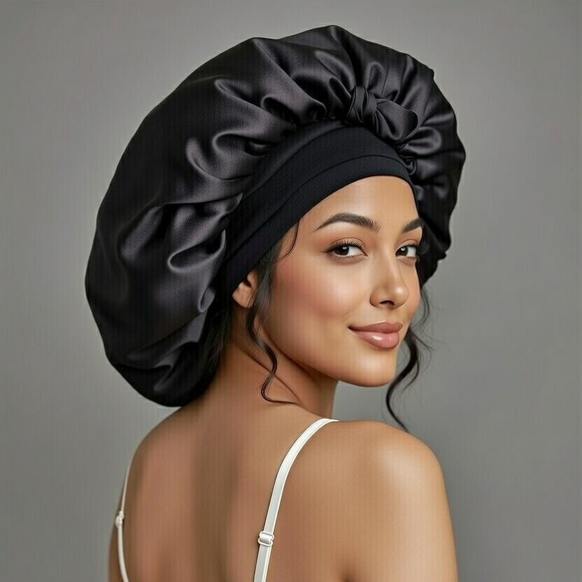 XL Organic Silk Hair Bonnet Onyx Black (Dusty Pink Interior