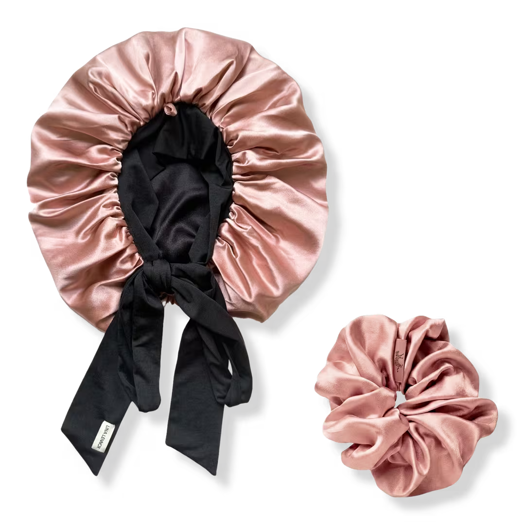 Soft Romance set: XL dusty pink organic silk bonnet with black ties and a matching oversized silk scrunchie