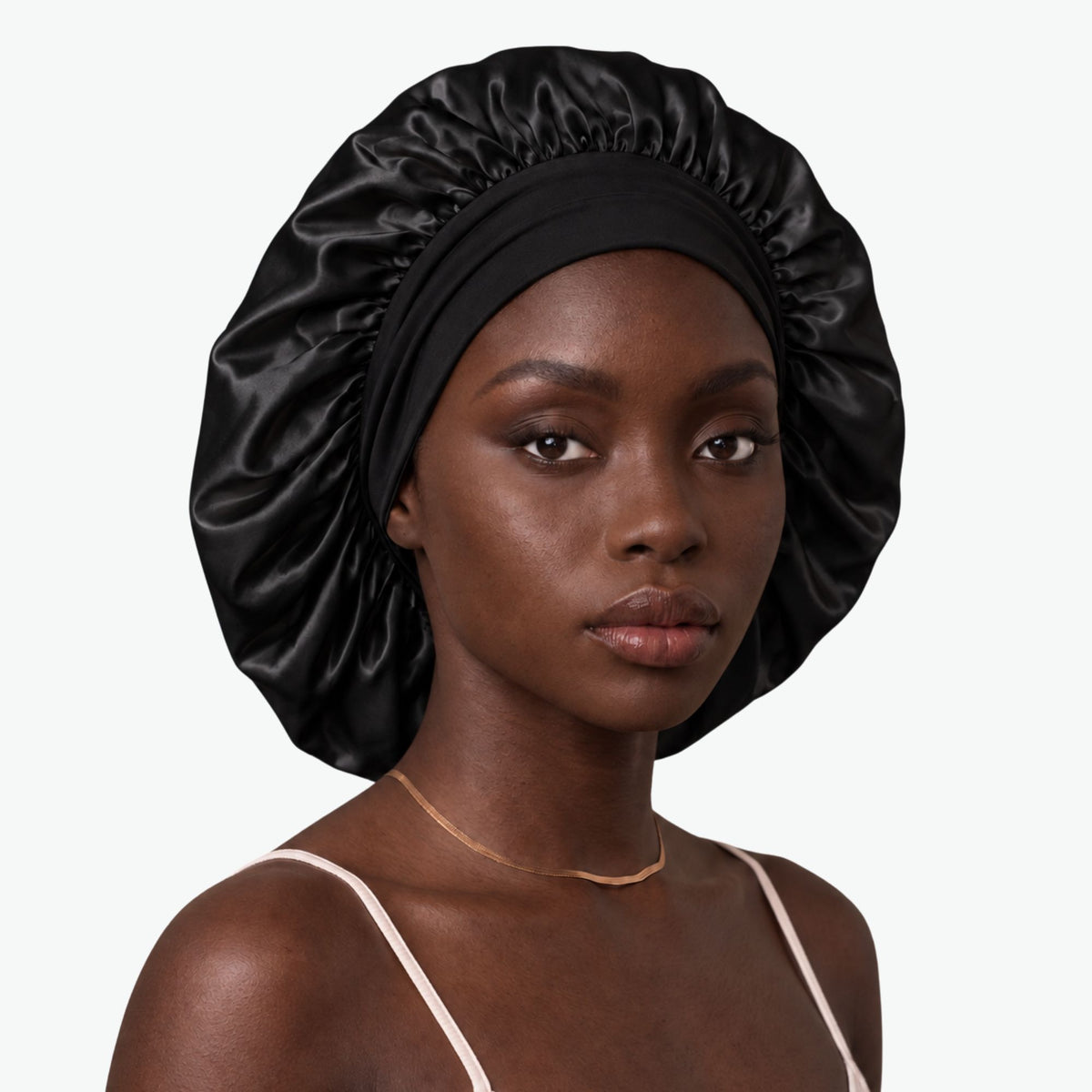 XL Organic Silk Hair Bonnet Onyx Black (Dusty Pink Interior)