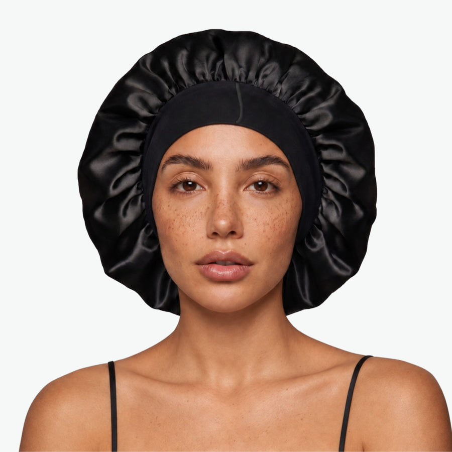 XL Organic Silk Hair Bonnet Onyx Black (Dusty Pink Interior)