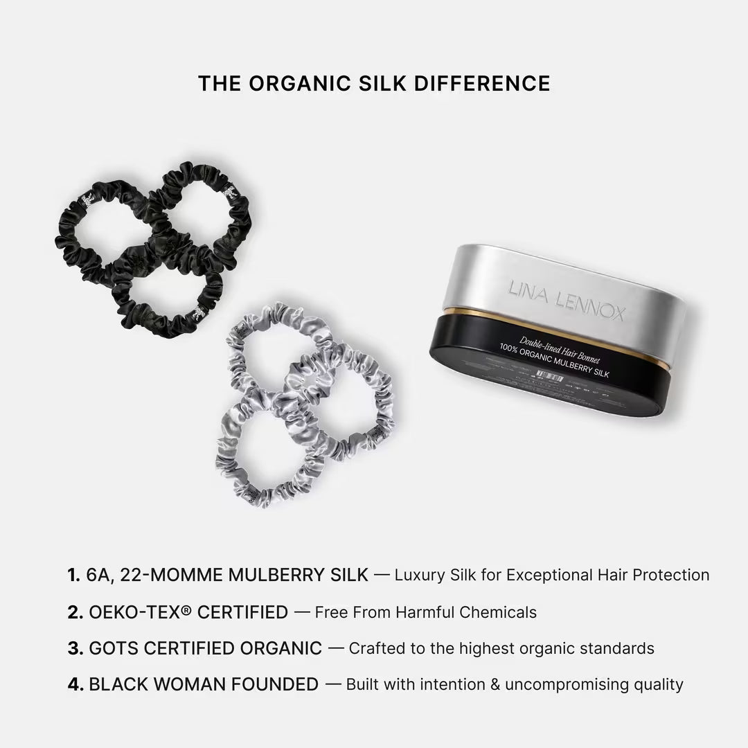 Silver and black silk scrunchies with keepsake case: 6A 22 momme mulberry silk, OEKO-TEX and GOTS certified organic