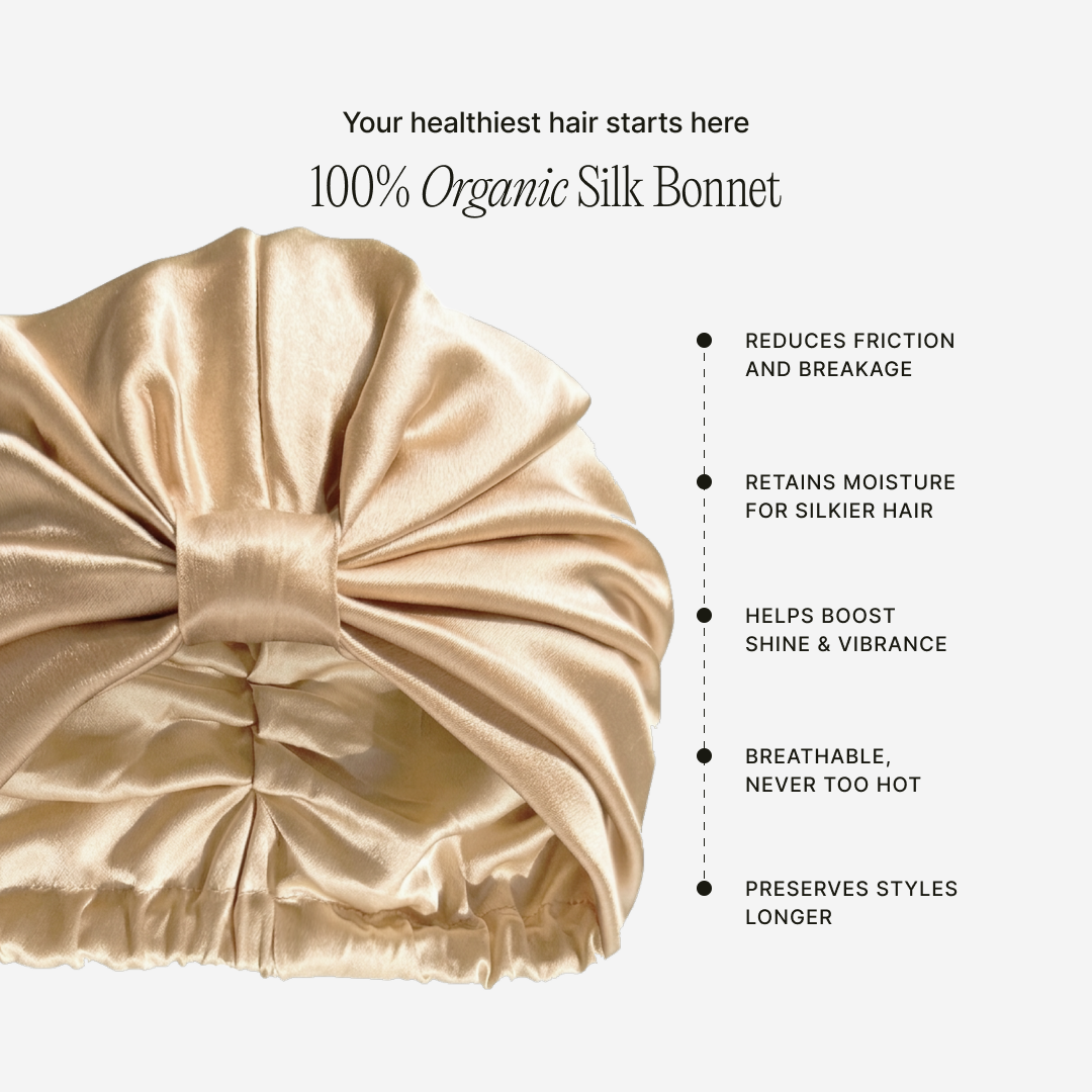Champagne silk bonnet benefits: reduces friction and breakage, retains moisture, boosts shine, preserves styles