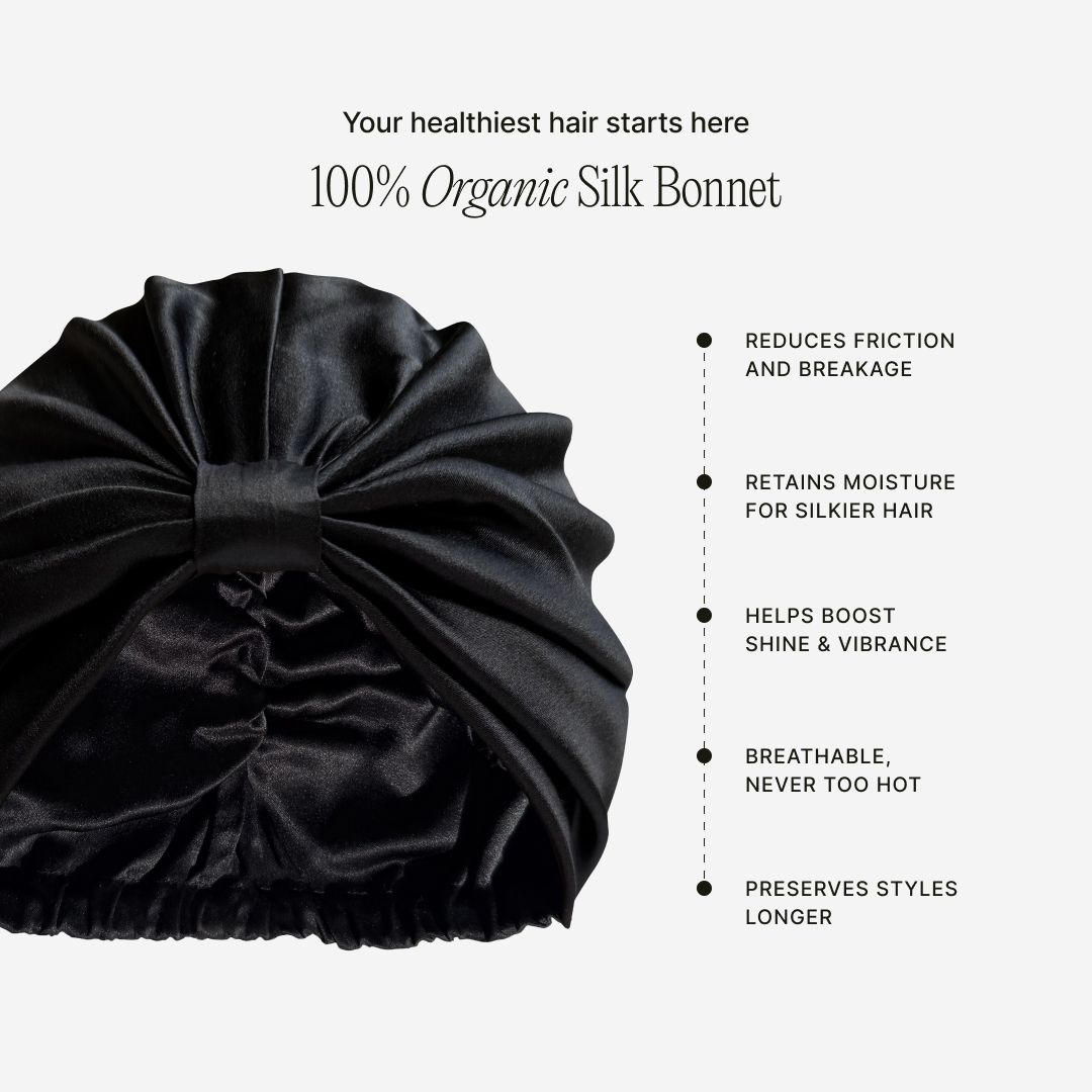 Black silk bonnet benefits: reduces friction and breakage, retains moisture, boosts shine, preserves styles