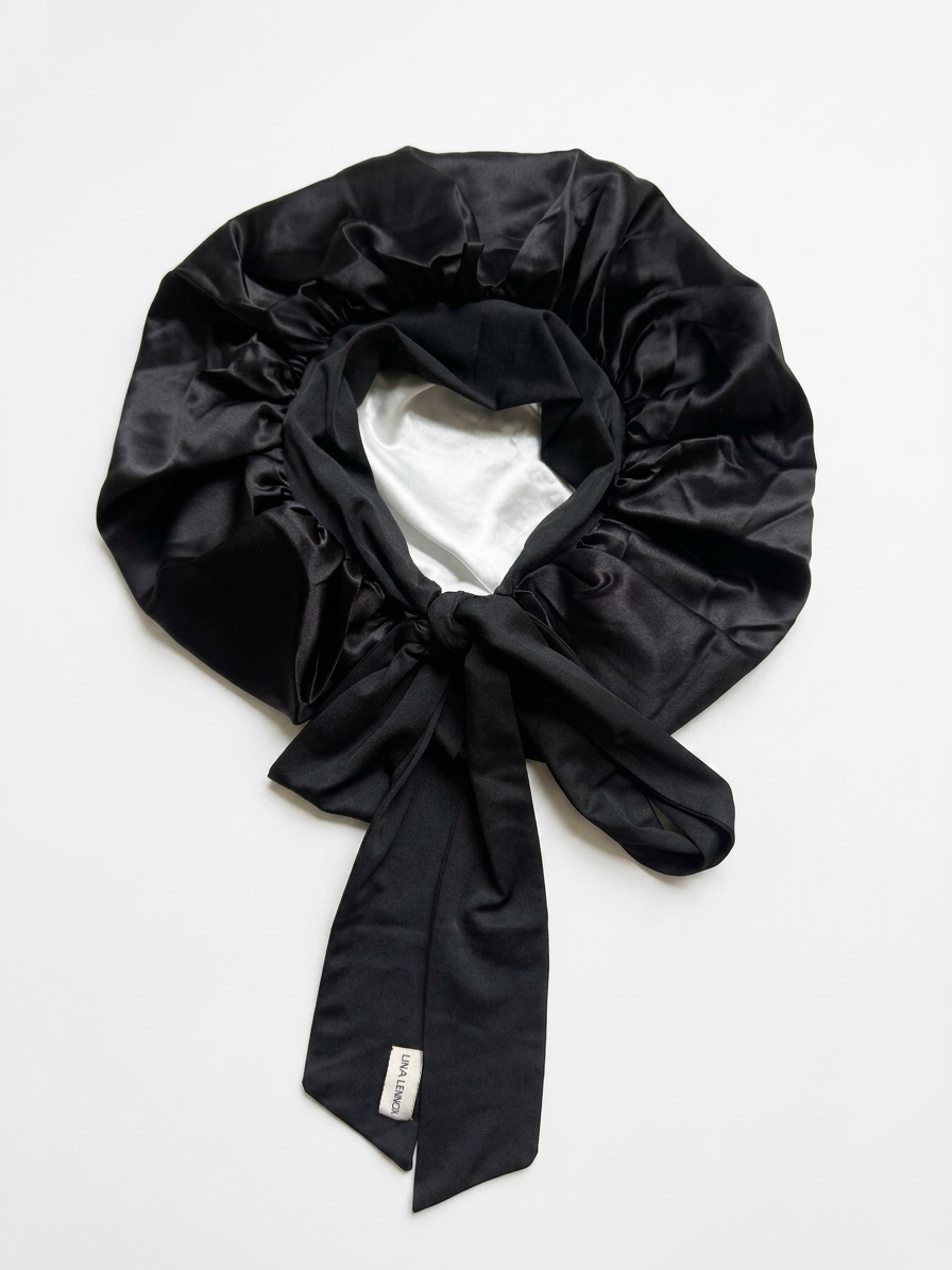 XL Organic Silk Hair Bonnet Onyx Black (Pearl White Interior)