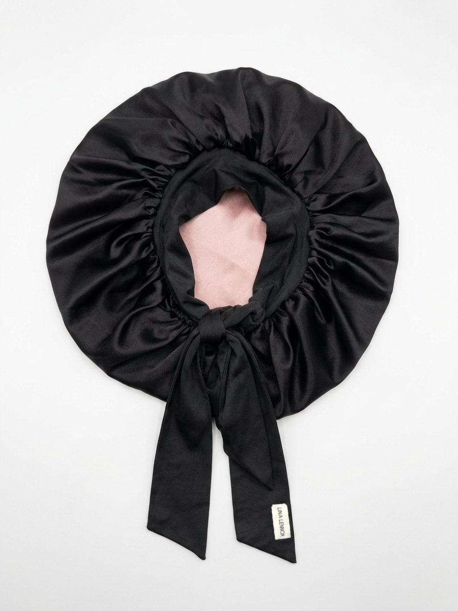 XL Organic Silk Hair Bonnet Onyx Black (Dusty Pink Interior)