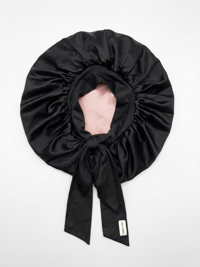 XL Organic Silk Hair Bonnet Onyx Black (Dusty Pink Interior)