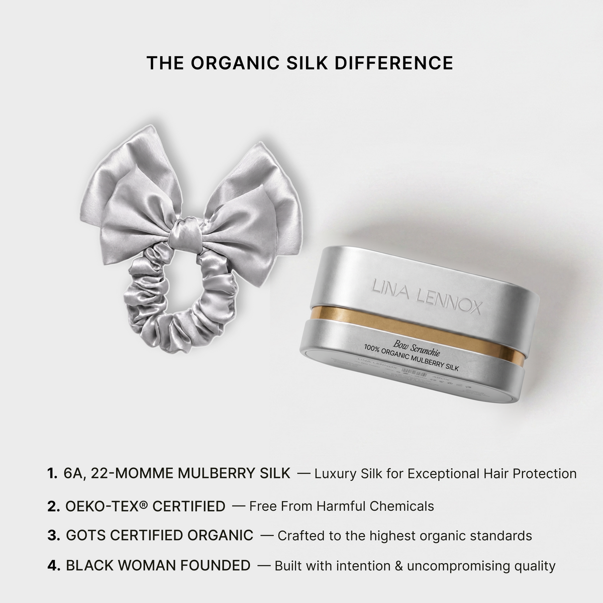 Silver silk bow scrunchie with keepsake case: 6A 22 momme mulberry silk, OEKO-TEX and GOTS certified organic