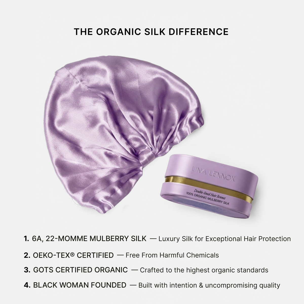 Lilac silk bonnet with keepsake case: 6A 22 momme mulberry silk, OEKO-TEX and GOTS certified organic