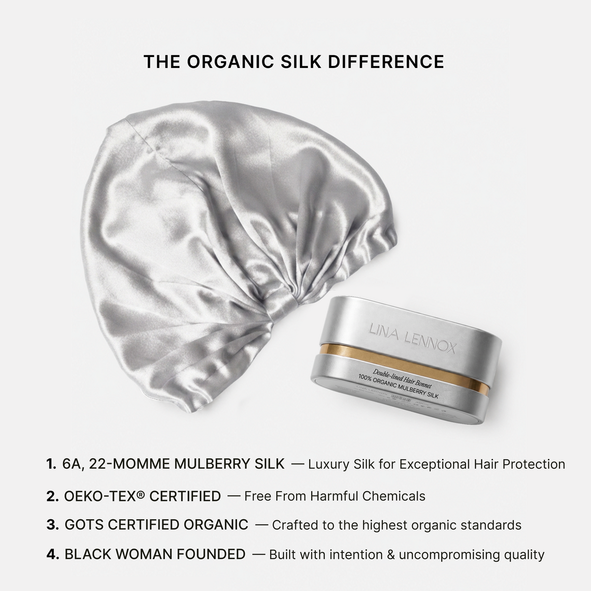 Silver silk bonnet with keepsake case: 6A 22 momme mulberry silk, OEKO-TEX and GOTS certified organic