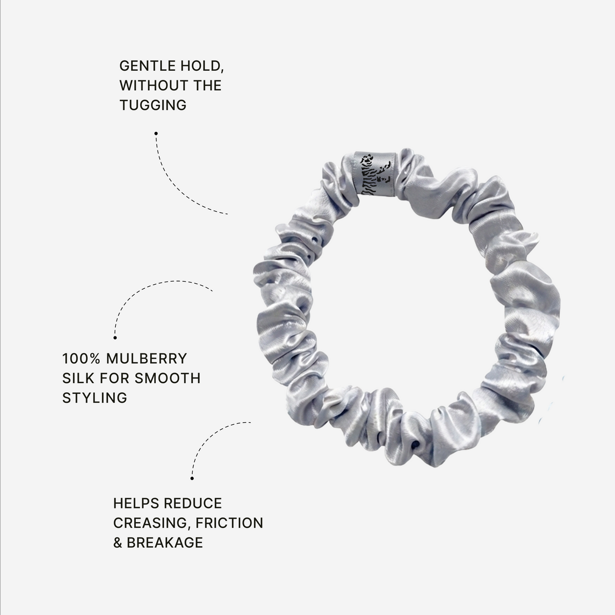 Small silver silk scrunchie features: gentle hold without tugging, 100% mulberry silk, reduces creasing